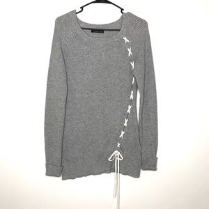 Long Gray Ribbed Knit Sweater White Tie Detail